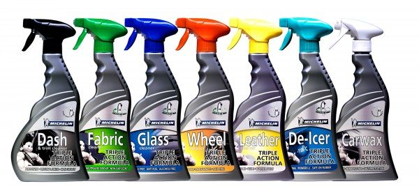 The new Michelin Lifestyle Car Care range includes: Wash & Wax (1 litre), Car Wax (500ml), De-Icer (500ml), Wheel Cleaner (500ml), Glass Cleaner (500ml), Dash Cleaner (500ml), Fabric Cleaner (500ml), Leather Cleaner (500ml).