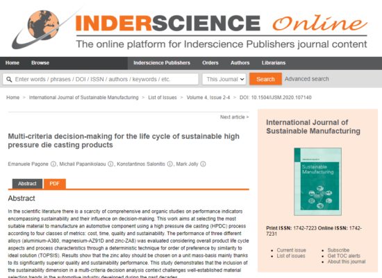 The study is published in the ‘International Journal of Sustainable Manufacturing’ (pictured)