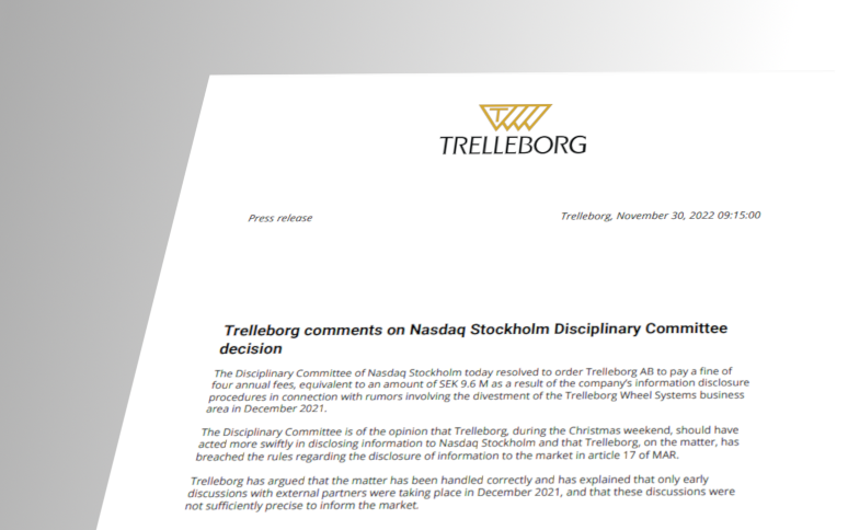 Trelleborg fined for Yokohama-TWS takeover disclosure violation