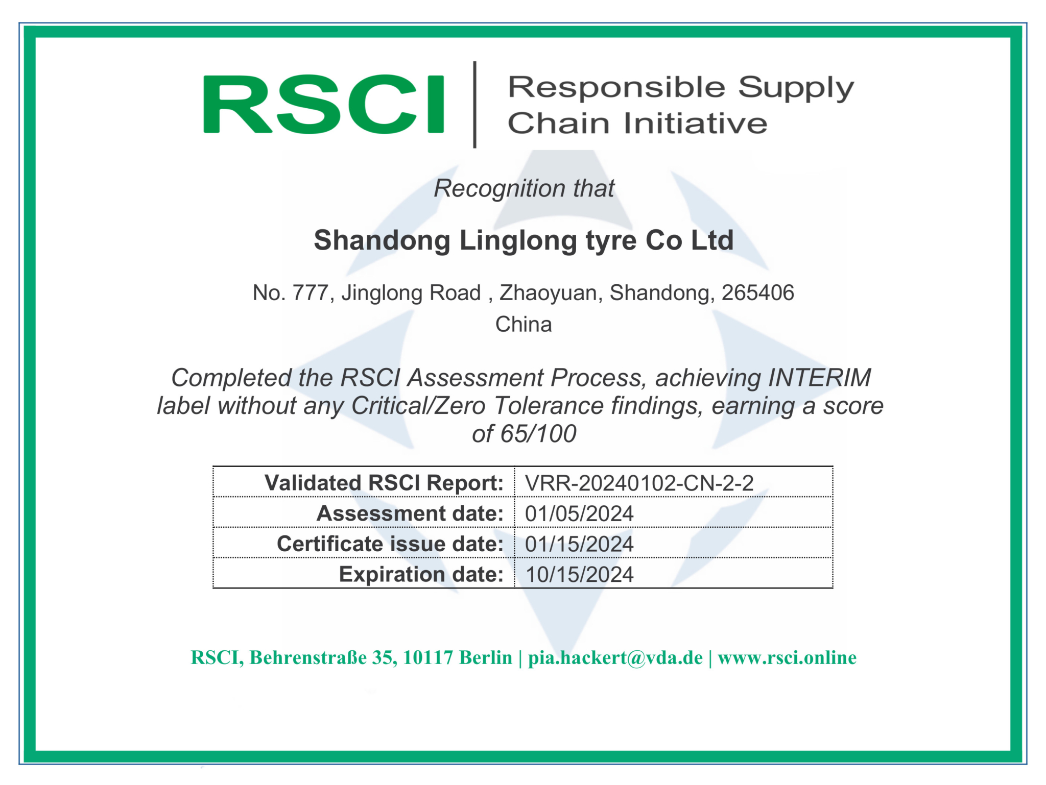 Linglong certified by Responsible Supply Chain Initiative